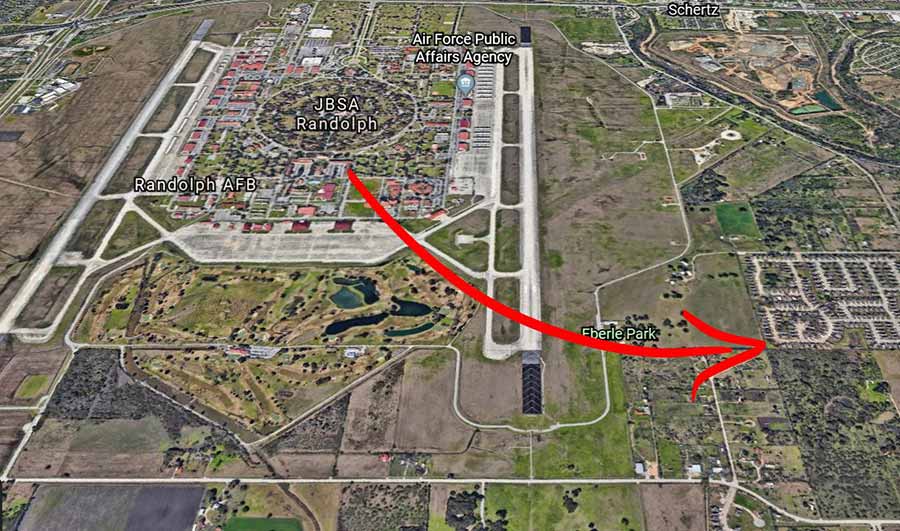 Aerial Map of JBS Randolph Air Base and an arrow poitning to the close proximity of all the houses available through TDY Haven Crash Pad in Schertz, TX